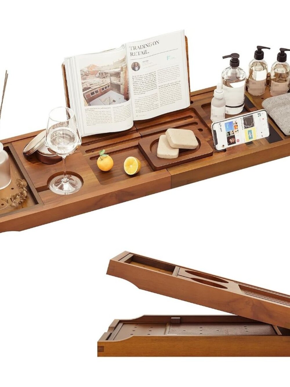 Premium Foldable Teak Bathtub Tray, Expandable Bath Tray for Tub, Luxury Bathtub